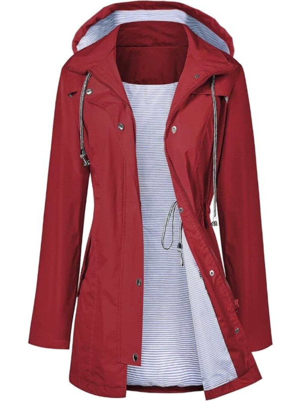 Women Wine Red Hooded Waterproof Adjustable Drawstring Windbreaker Trench Coat